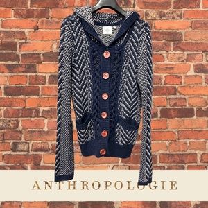 EUC Anthropologie Hooded Button Cardigan Sweater Dark Navy Blue and Cream Small